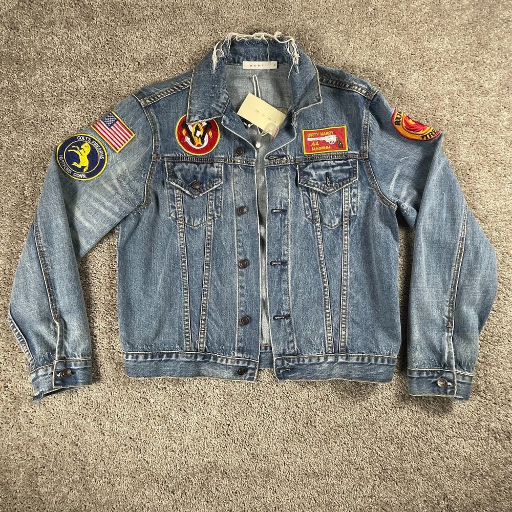 mnml Distressed Patched Trucker Jacket Men's Small American Flag Biker Tactical